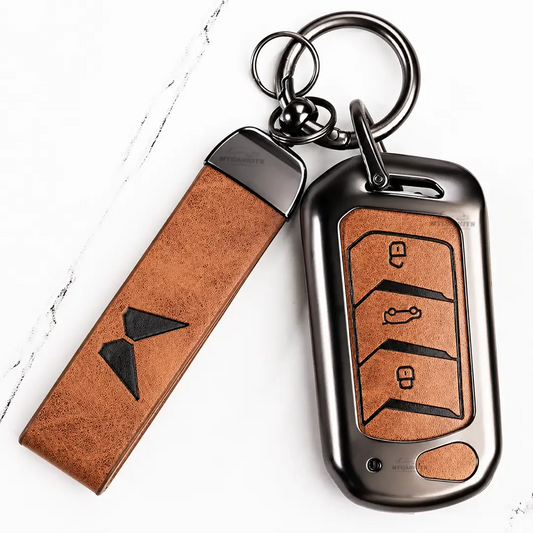 Metal Leather Key Cover For Mahindra Thar Roxx | Mahindra Thar Roxx Key Cover | 3 Button Flip Key Cover Brown