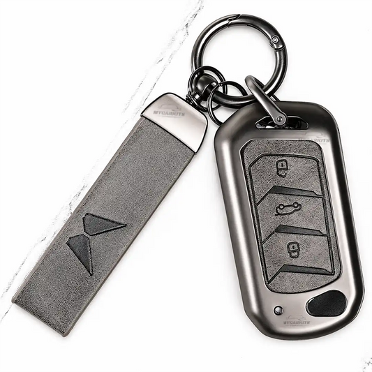Metal Leather Key Cover For Mahindra Thar Roxx | Mahindra Thar Roxx Key Cover | 3 Button Flip Key Cover Grey