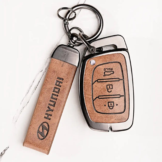 Metal Leather Key Cover For Hyundai Creta | Hyundai Creta Key Cover | Hyundai Creta 3 button smart key cover Brown