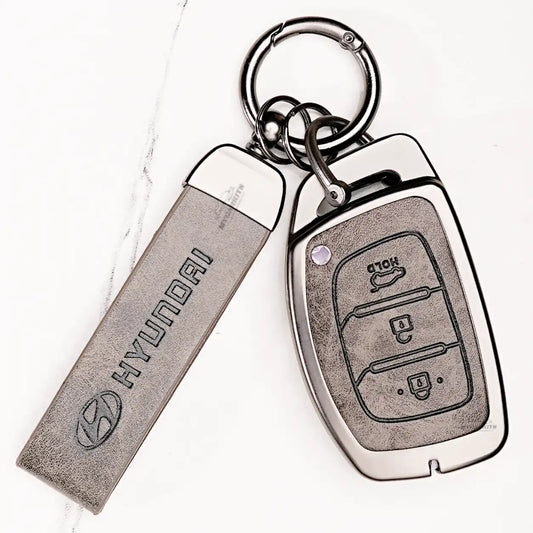 Metal Leather Key Cover For Hyundai Exter | Hyundai Exter Key Cover | Hyundai Exter 3 button smart key cover Grey
