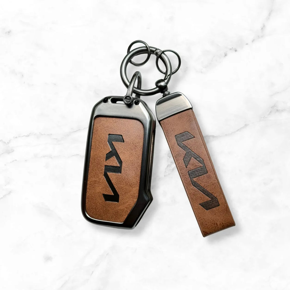 Metal Leather Key Cover For Kia Sonet HTE | Kia Sonet HTE Key Cover | Kia Sonet 3 Button Flip Key Cover Brown