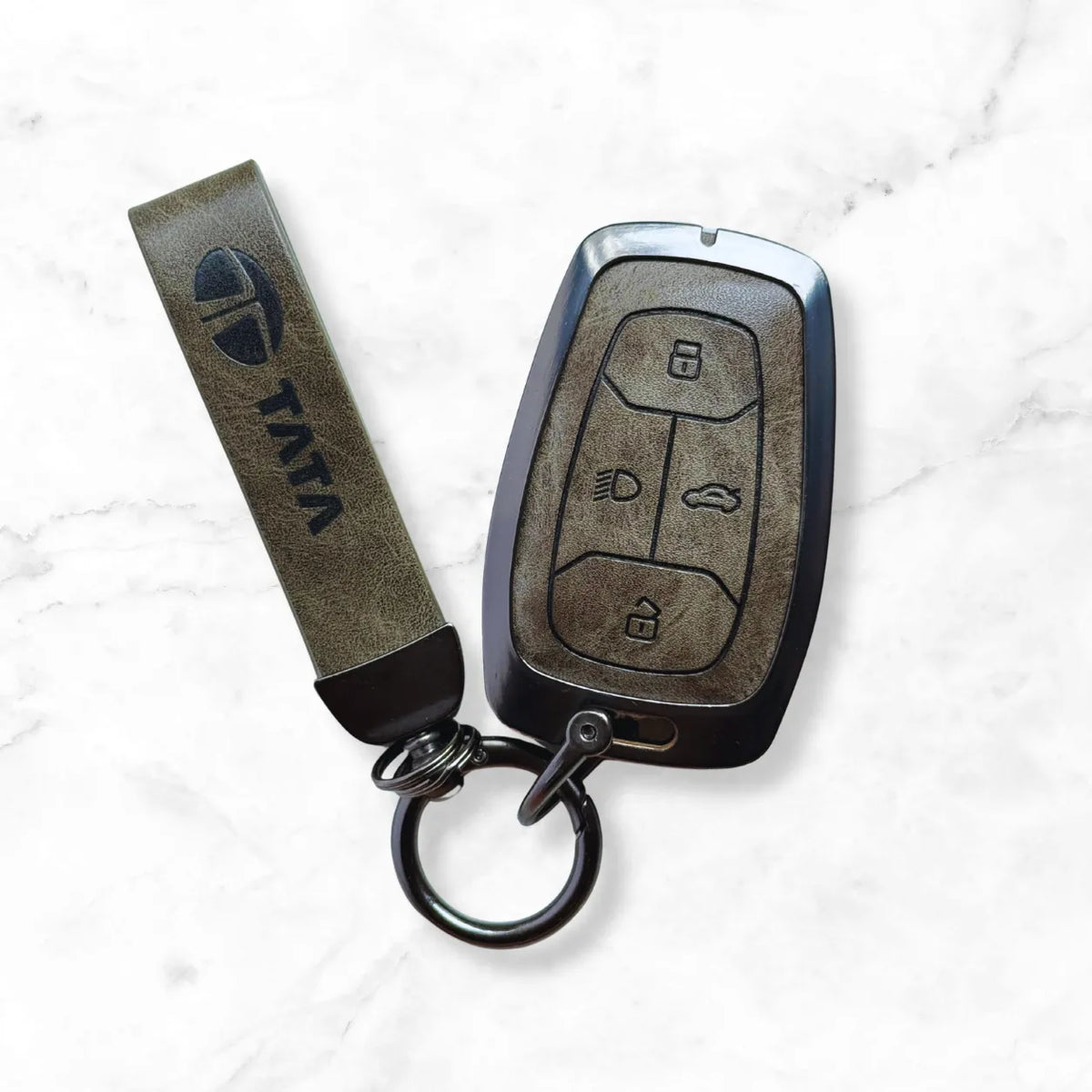 Metal Leather Key Cover For TATA EV | TATA EV Key Cover | TATA EV 4 Button Smart Key Cover Grey