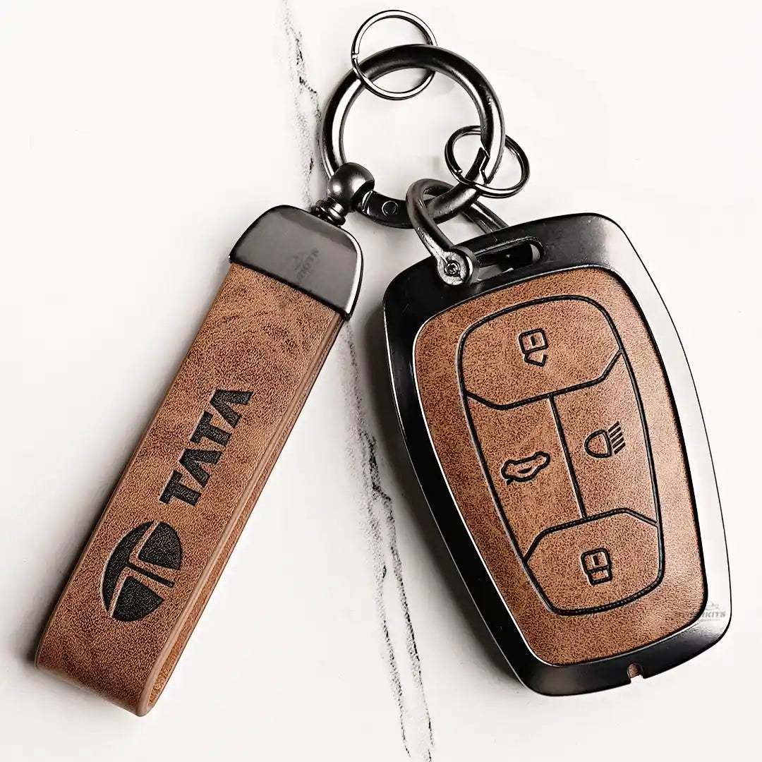 Metal Leather Key Cover For TATA EV | TATA EV Key Cover | TATA EV 4 Button Smart Key Cover Brown