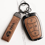 Metal Leather Key Cover For TATA EV | TATA EV Key Cover | TATA EV 4 Button Smart Key Cover Brown