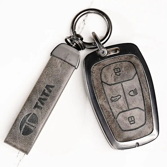 Metal Leather Key Cover For TATA Harrier | TATA Harrier Key Cover | TATA Harrier 4 Button Smart Key Cover Grey