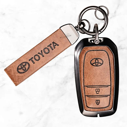 Metal Leather Key Cover For Toyota Innova Crysta | Innova Crysta Car Key Cover | Innova 2 Button M1 Push Start Smart Key Cover Brown