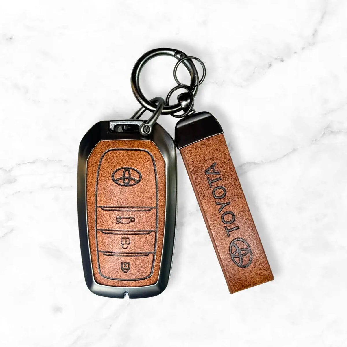 Metal Leather Key Cover For Toyota Hilux | Toyota Hilux Key Cover | Hilux 3 Button M1 Push Start Smart Key Cover Brown