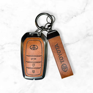Metal Leather Key Cover For Toyota Hilux | Toyota Hilux Key Cover | Hilux 3 Button M1 Push Start Smart Key Cover Brown