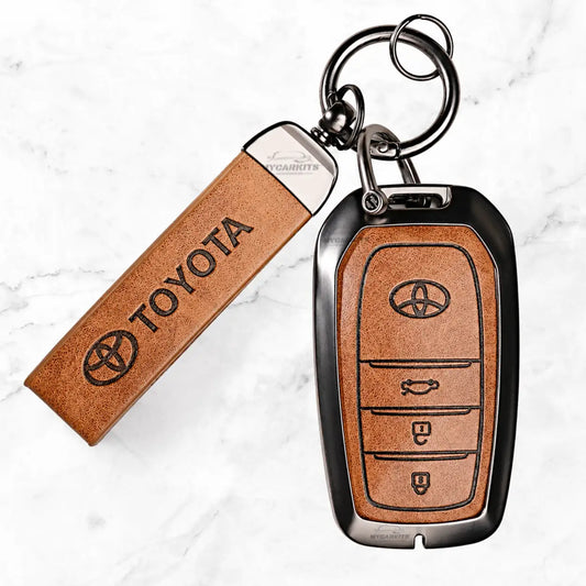 Metal Leather Key Cover For Toyota Fortuner | Toyota Fortuner Key Cover | Fortuner 3 Button M1 Push Start Smart Key Cover Brown