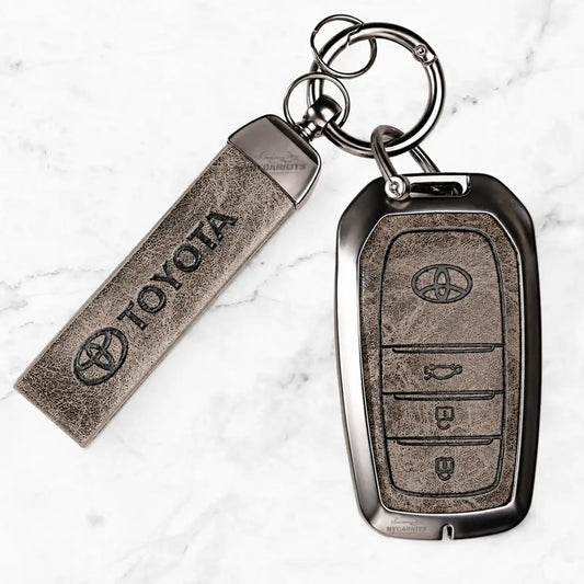 Metal Leather Key Cover For Toyota Fortuner | Toyota Fortuner Key Cover | Fortuner 3 Button M1 Push Start Smart Key Cover Grey