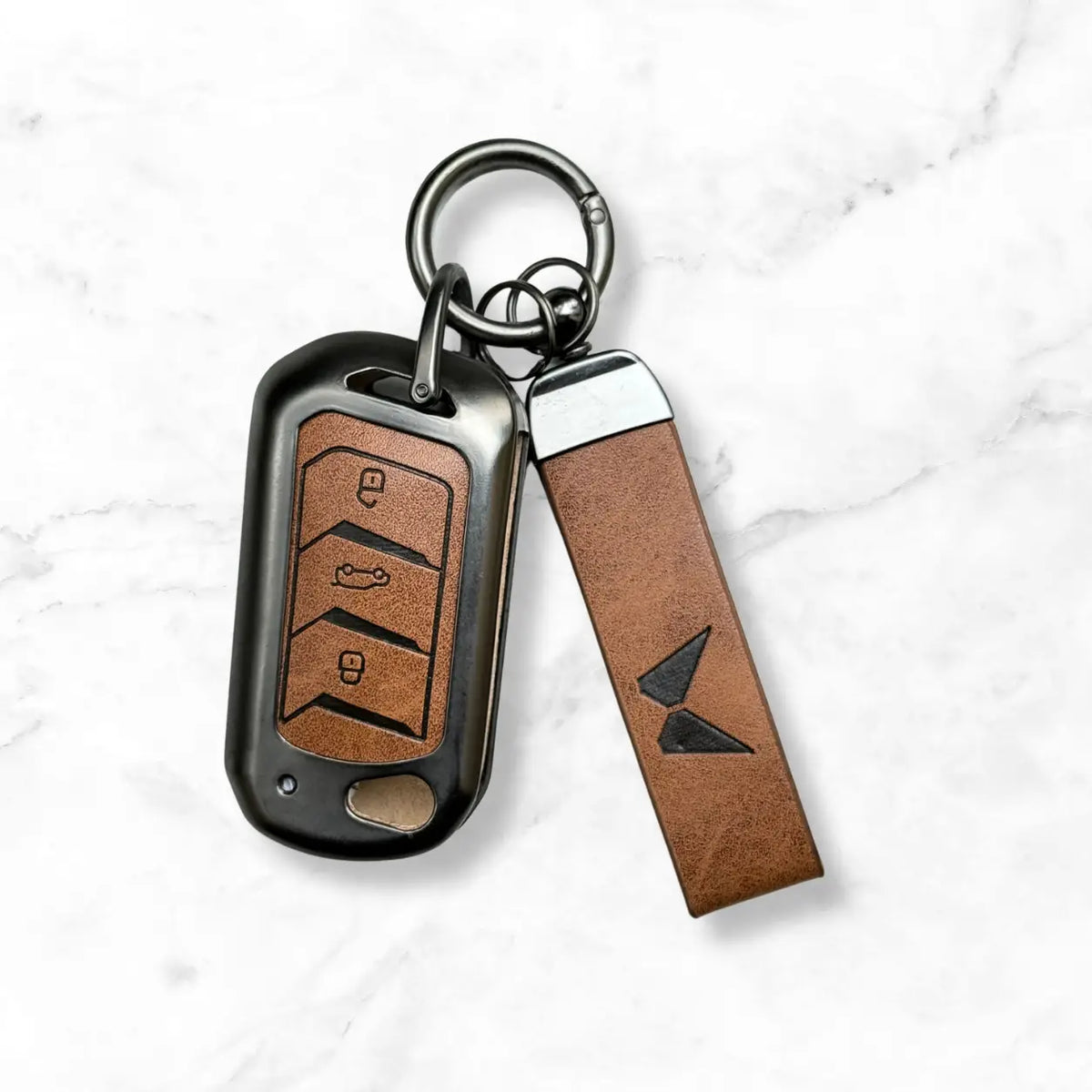 Metal Leather Key Cover For Mahindra Scorpio | Mahindra Scorpio Key Cover | 3 Button Flip Key Cover Brown