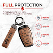 Metal Leather Key Cover For TATA EV | TATA EV Key Cover | TATA EV 4 Button Smart Key Cover Brown