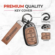Metal Leather Key Cover For Hyundai Aura | Hyundai Key Case | Hyundai 3 Button Flip Key Cover Brown