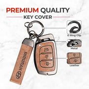 Metal Leather Key Cover For Hyundai Aura | Hyundai Aura Key Cover | Hyundai Aura 3 button smart key cover Brown