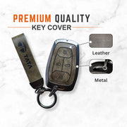 Metal Leather Key Cover For TATA EV | TATA EV Key Cover | TATA EV 4 Button Smart Key Cover Grey