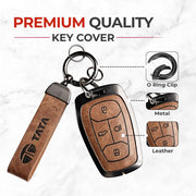 Metal Leather Key Cover For TATA EV | TATA EV Key Cover | TATA EV 4 Button Smart Key Cover Brown