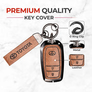 Metal Leather Key Cover For Toyota Hilux | Toyota Hilux Key Cover | Hilux 2 Button Push Start Smart Key Cover Brown