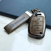 Metal Leather Key Cover For Hyundai i20 | Hyundai Key Case | Hyundai 3 Button Flip Key Cover Grey