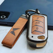Metal Leather Key Cover For Mahindra TUV 3 | Mahindra TUV 3 Key Cover | 3 Button Flip Key Cover Brown