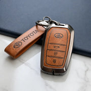 Metal Leather Key Cover For Toyota Hilux | Toyota Hilux Key Cover | Hilux 3 Button M1 Push Start Smart Key Cover Brown