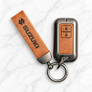 Metal Leather Key Cover For Suzuki Baleno | Suzuki Baleno Key Cover | Suzuki Baleno 2 Button Smart Key Cover Brown
