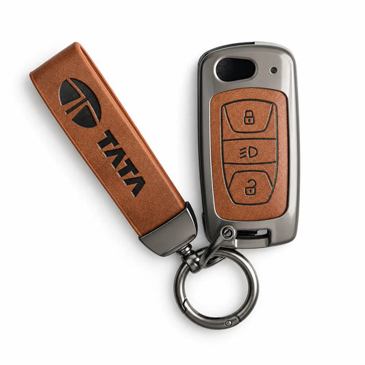 Metal Leather Key Cover For TATA Altroz | TATA Altroz Key Cover | TATA Altroz 3 Button Flip Key Cover Brown