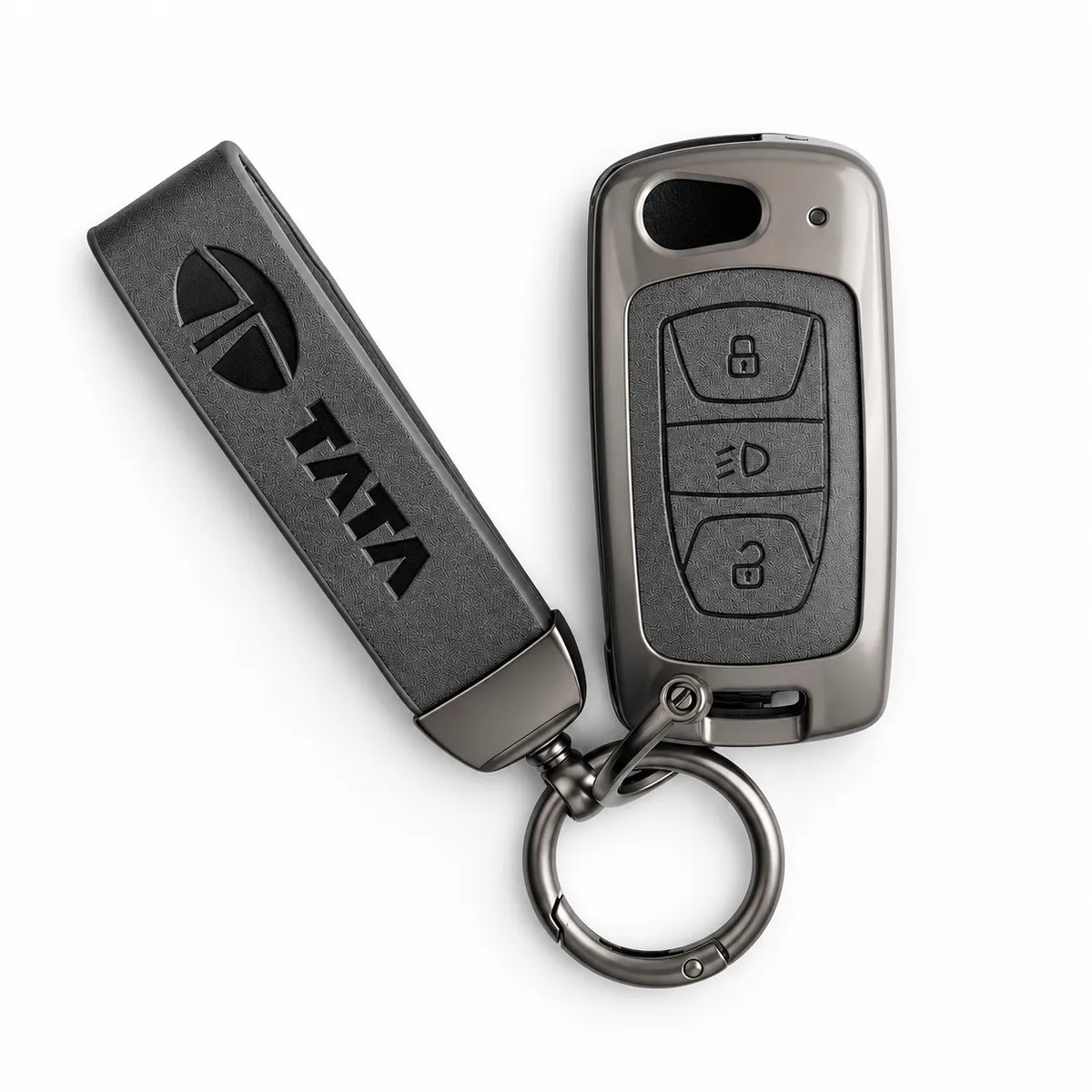 Metal Leather Key Cover For TATA Bolt | TATA Bolt Key Cover | TATA Bolt 3 Button Flip Key Cover Grey