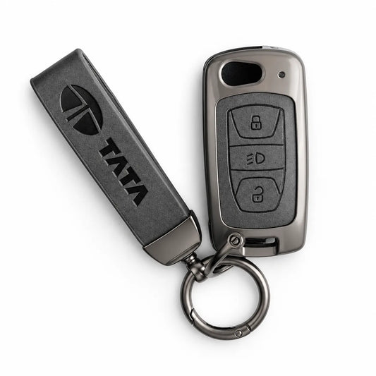 Metal Leather Key Cover For TATA Altroz | TATA Altroz Key Cover | TATA Altroz 3 Button Flip Key Cover Grey