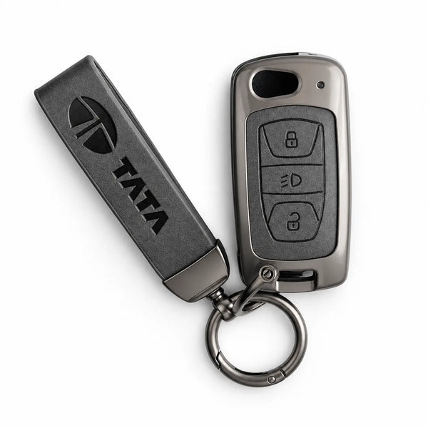 Metal Leather Key Cover For TATA Altroz | TATA Altroz Key Cover | TATA Altroz 3 Button Flip Key Cover Grey