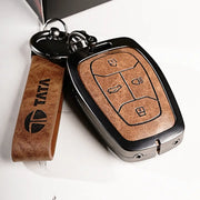 Metal Leather Key Cover For TATA EV | TATA EV Key Cover | TATA EV 4 Button Smart Key Cover Brown