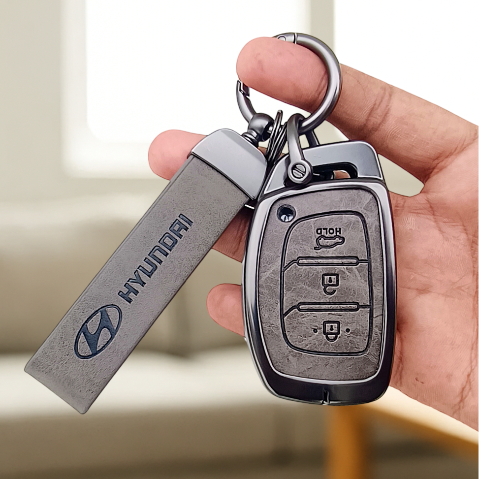 Metal & Leather Car Key Cover – Compatible with Grand i10 NIOS Asta, Venue, i20, Aura, Creta, Elantra | 3 Button Smart Key