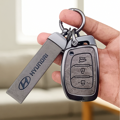 Metal & Leather Car Key Cover – Compatible with Grand i10 NIOS Asta, Venue, i20, Aura, Creta, Elantra | 3 Button Smart Key