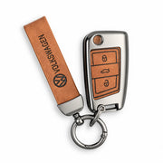 Metal Leather Key Cover For Volkswagen Octavia | Volkswagen Octavia Key Cover | 3 Button Flip Key Brown