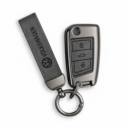 Metal Leather Key Cover For Volkswagen Kushaq | Volkswagen Kushaq Key Cover | 3 Button Flip Key Grey