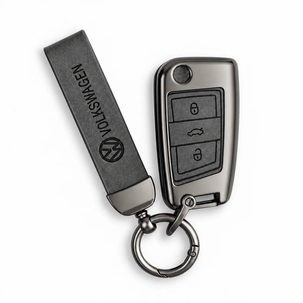 Metal Leather Key Cover For Volkswagen Kushaq | Volkswagen Kushaq Key Cover | 3 Button Flip Key Grey