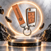 Metal Leather Key Cover For Volkswagen Octavia | Volkswagen Octavia Key Cover | 3 Button Flip Key Brown