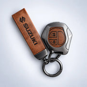 Metal Leather Key Cover For Suzuki Brezza | Suzuki Brezza Key Cover | Suzuki Brezza 2 Button Remote Key Cover Brown