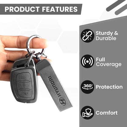 Metal & Leather Car Key Cover – Compatible with Grand i10 NIOS Asta, Venue, i20, Aura, Creta, Elantra | 3 Button Smart Key