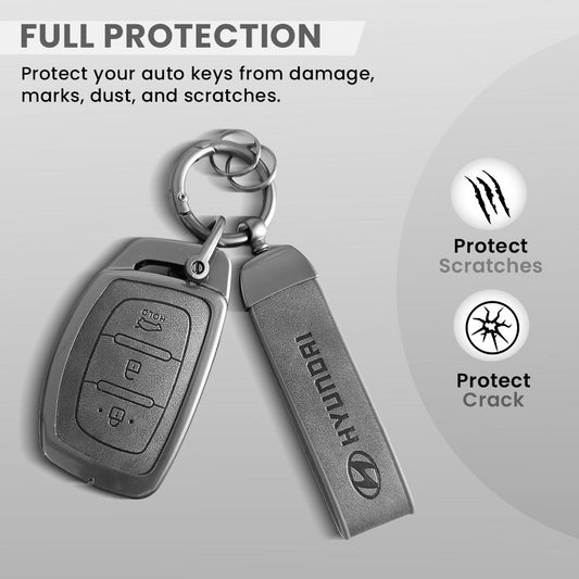 Metal & Leather Car Key Cover – Compatible with Grand i10 NIOS Asta, Venue, i20, Aura, Creta, Elantra | 3 Button Smart Key