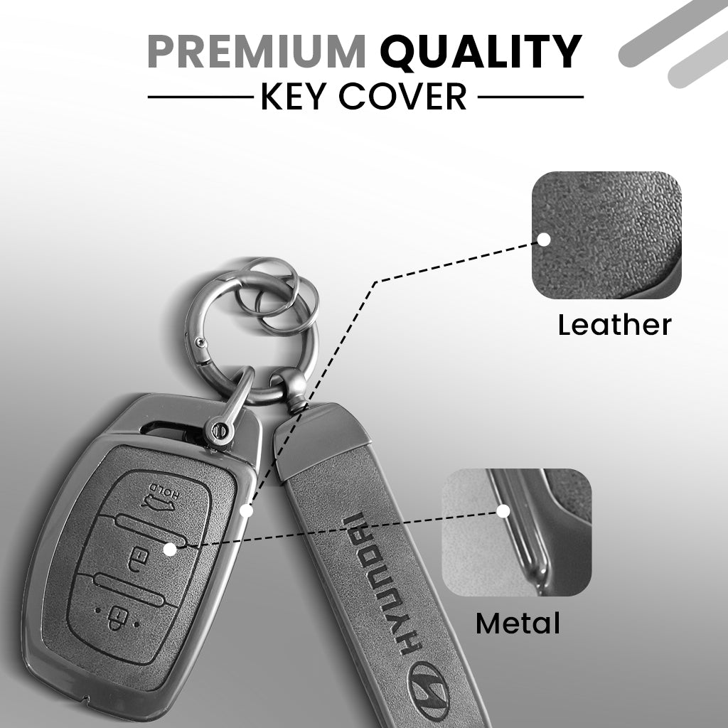 Metal & Leather Car Key Cover – Compatible with Grand i10 NIOS Asta, Venue, i20, Aura, Creta, Elantra | 3 Button Smart Key